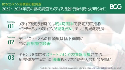 インターネットメディアが総視聴時間の6割に、テレビニュースへの信頼度は全世代で低下~BCGコンテンツ消費者行動調査