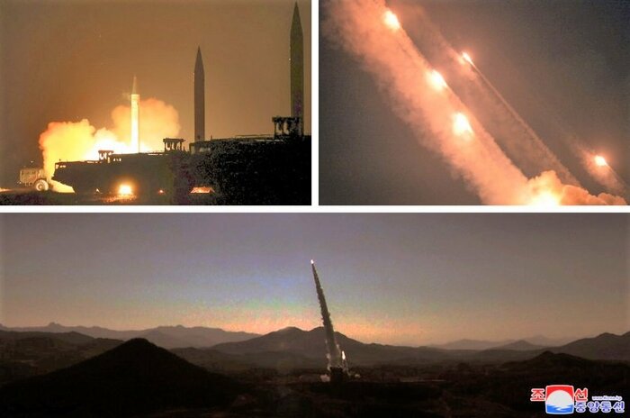 上左:スカッド弾道ミサイル、上右:多連装ロケット砲の連射、下:弾種不明のロケット弾(朝鮮中央通信より・2022年11月7日付け)