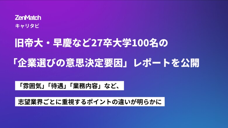 ZenX、旧帝大・早慶など大学生100名への調査による「企業選びの意思決定要因」レポートを公開。雰囲気・待遇・業務内容など、志望業界ごとに重視するポイントの違いが明らかに