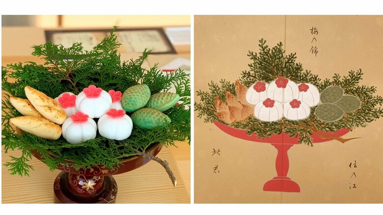 220周年祭で見本帳から再現した盛菓子。松竹梅の竹をタケノコで、松を松ぼっくりで表現