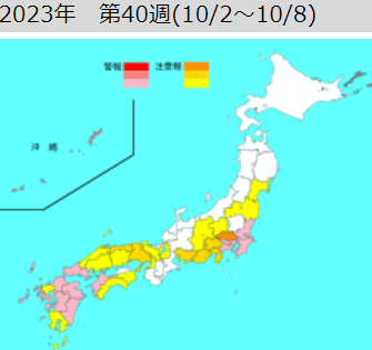 インフルエンザ流行レベルマップ　警報注意報表　2023年　第40週（10/2～10/8）