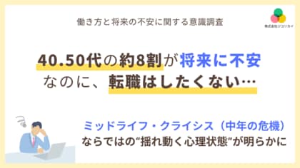「仕事への不安」最多は40~50代で約8割、しかし「転職意思なし」。ミッドライフ・クライシス(中年の危機)の揺れ動く心理状態が明らかに