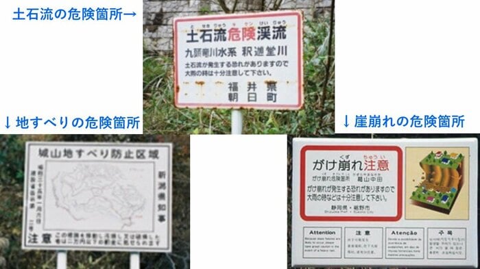様々な区域に立てられた、土砂災害の危険性を示す看板(NPO法人「土砂災害防止広報センター」HPより ※画像著作権は同法人に帰属します)