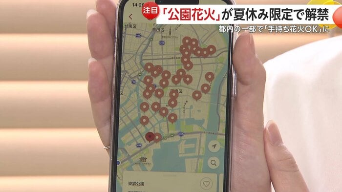 東京・江東区内だけでも花火ができる公園がたくさんあるのが分かる