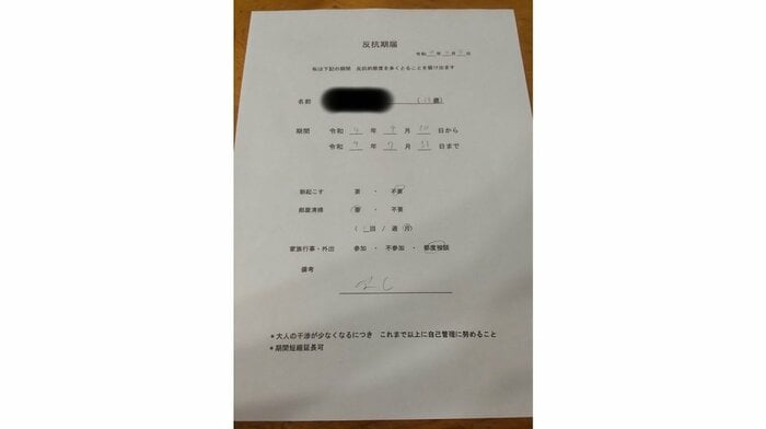長男が出した「反抗期届」(提供:ティーエスさん)