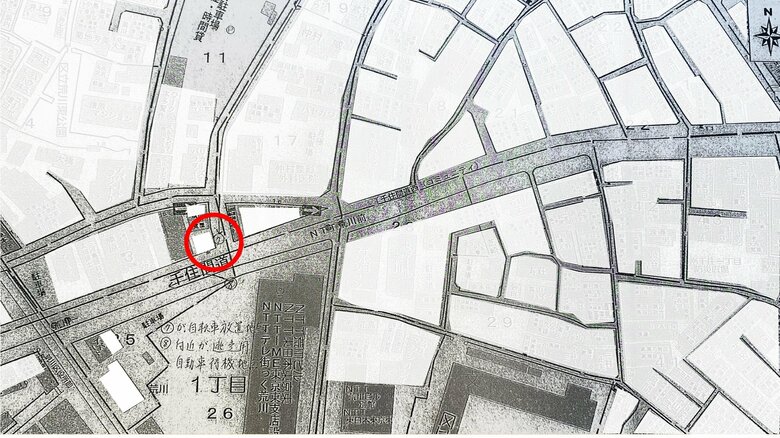 中村作成の地図　赤円が自転車を放置した場所