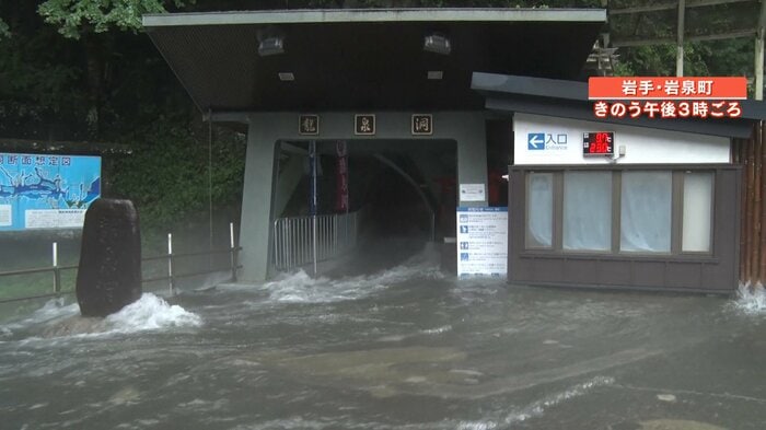 龍泉洞の入口奥から大量の水が流れ出している
