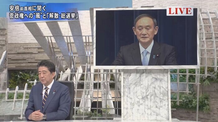 安倍晋三 前首相(左)、菅義偉 首相(画面)