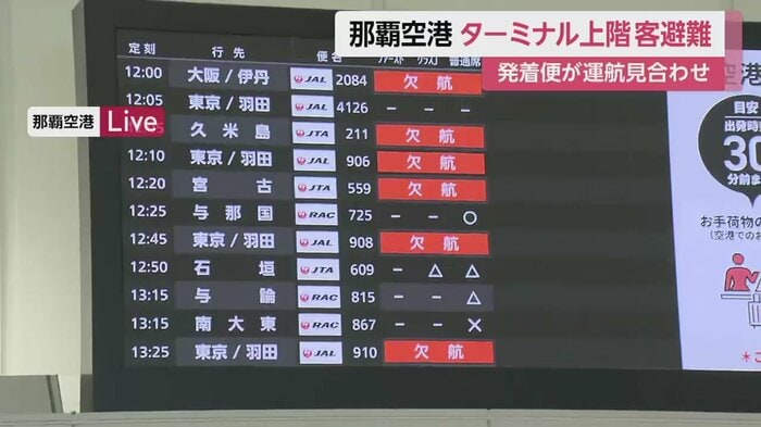 那覇空港に表示された欠航の情報