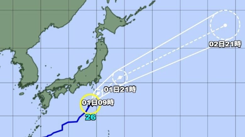 【台風情報】台風26号の進路予想　30日午後9時には八丈島の南南西約170km、中心気圧1000ヘクトパスカル　1日午後9時には日本の東に達する予想｜FNNプライムオンライン