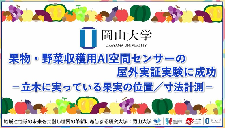【岡山大学】果物・野菜収穫用AI空間センサーの屋外実証実験に成功-立木に実っている果実の位置/寸法計測-