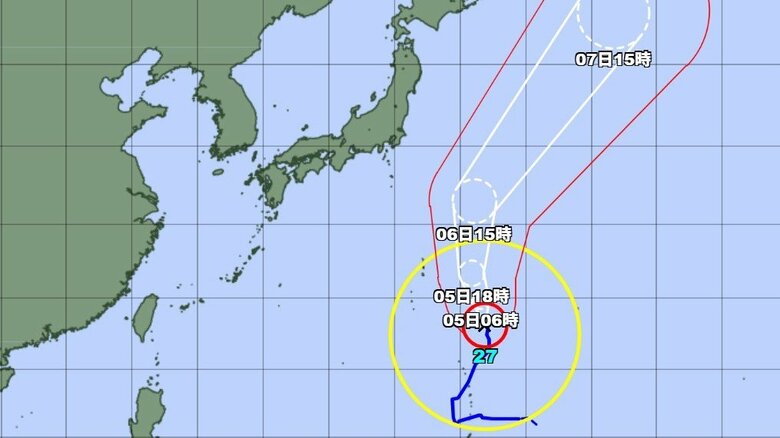 【台風情報】台風27号(チョーイワン)の進路予想　4日午後6時には、非常に強い勢力で小笠原近海、中心気圧935hPa・中心付近の最大風速45m/s　6日午後3時には強い勢力で日本の東に達する予想｜FNNプライムオンライン