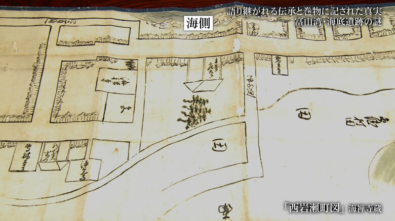 絵図の中央左に最初の海禅寺が描かれている。現在は海の中