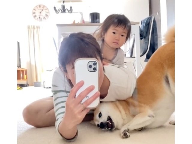 ストレッチ中のママに集まる娘さんと豆介くん(提供:柴犬Mamesuke・Korosuke大阪さん)