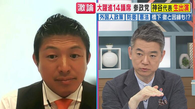 神谷代表と橋下氏（関西テレビ「旬感LIVE とれたてっ！」より）