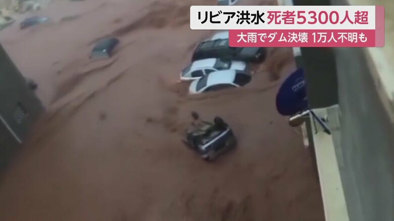 多くの車が茶色い濁流にのまれてしまっている