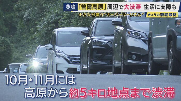 高原の入口へと続く道には車がずらり