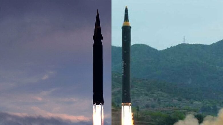 「火星8型極超音速ミサイル？」(左)(朝鮮中央テレビ･2021年9月28日)
「火星12型中距離弾道ミサイル」(右)(朝鮮中央テレビ･2017年5月16日)