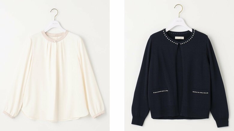 フロントボタンタックブラウス（左：5990円）とリブインナーアンサンブル（右：9900円）（価格はいずれも税込み　提供：オンワード樫山）