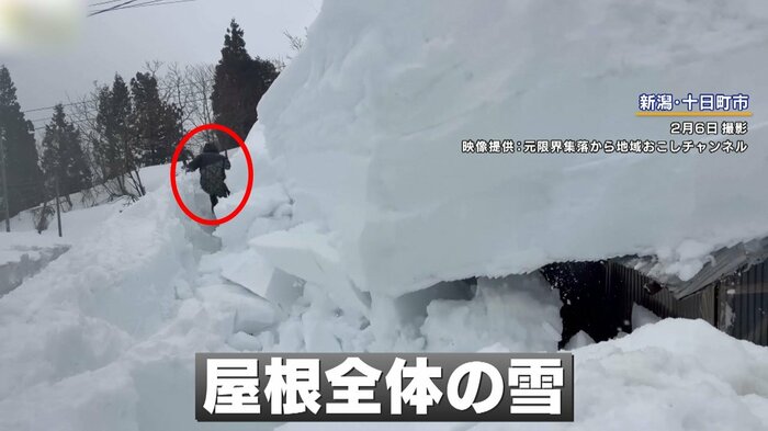 屋根から落ちてきた雪から全力で逃げる男性