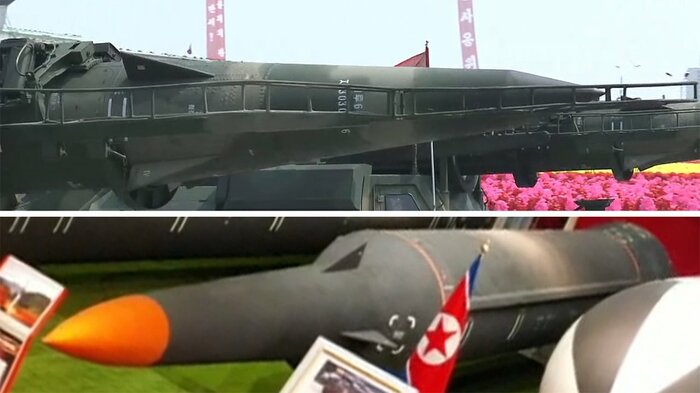スカッド・ミサイルの精密打撃バージョン(上)(朝鮮中央テレビ・2017年4月15日)"正体不明"の弾道ミサイル(下)(朝鮮中央テレビ・2021年10月11日)(四枚の翼は操舵用か?)