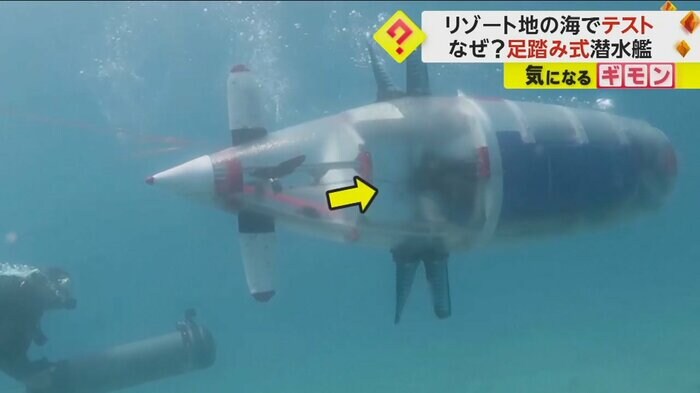 足踏み式の潜水艦。足でペダルをこいでいる。