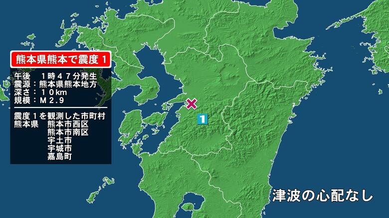 熊本県で最大震度1の地震　熊本県・熊本西区、熊本南区、宇土市、宇城市、嘉島町｜FNNプライムオンライン