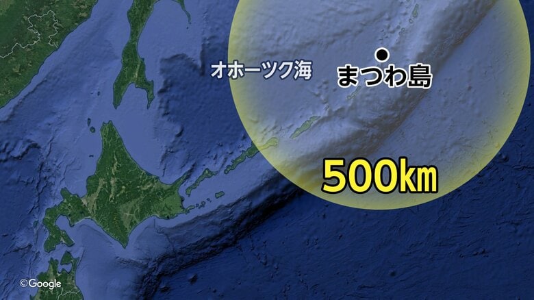 松輪島を中心としたバスチオン地対艦ミサイル・システムの射程約500km範囲のイメージ