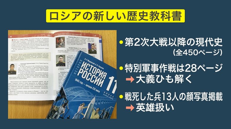 写真説明＝新しいロシアの歴史教科書。最終章では最多28ページで「特別軍事作戦」を正当化した。ウクライナで戦死した兵士の顔写真を英雄として掲載している