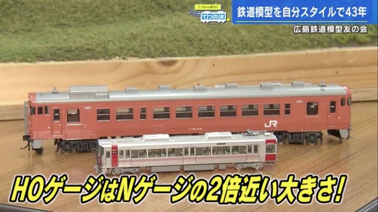 手前が野川アナの模型「Nゲージ 227系電車」、奥が「HOゲージ」