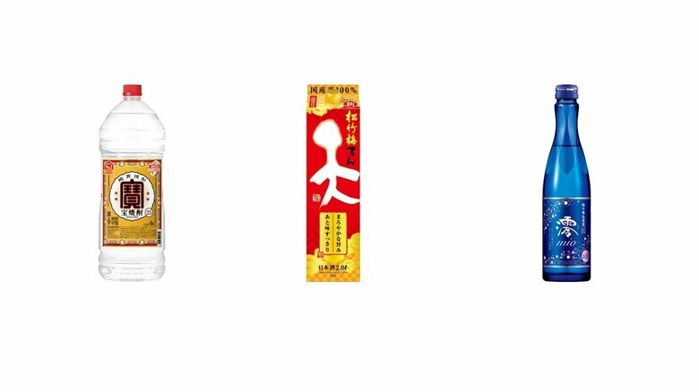 （左）焼酎甲類：宝焼酎25°4Lエコペット （中央）清酒：松竹梅「天」2L紙パック（右） 清酒：松竹梅白壁蔵「澪」スパークリング清酒300ml壜