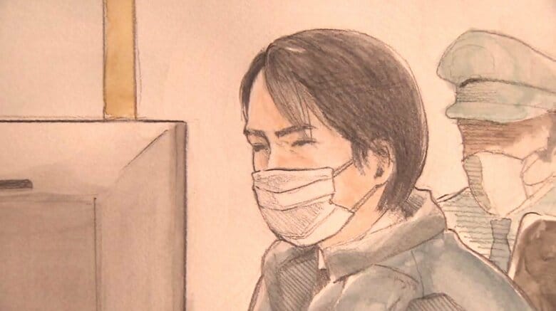 初公判での柳本被告（法廷イラスト）