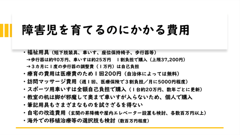 深澤友紀さんより「脳性まひの息子を育てるのにかかっている費用」の一例
