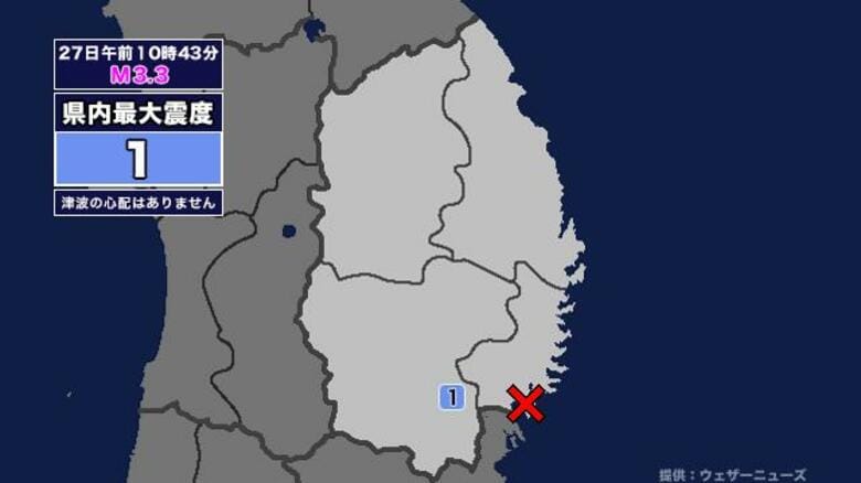 【地震】岩手県内で震度1 岩手県沿岸南部を震源とする最大震度1の地震が発生 津波の心配なし｜FNNプライムオンライン