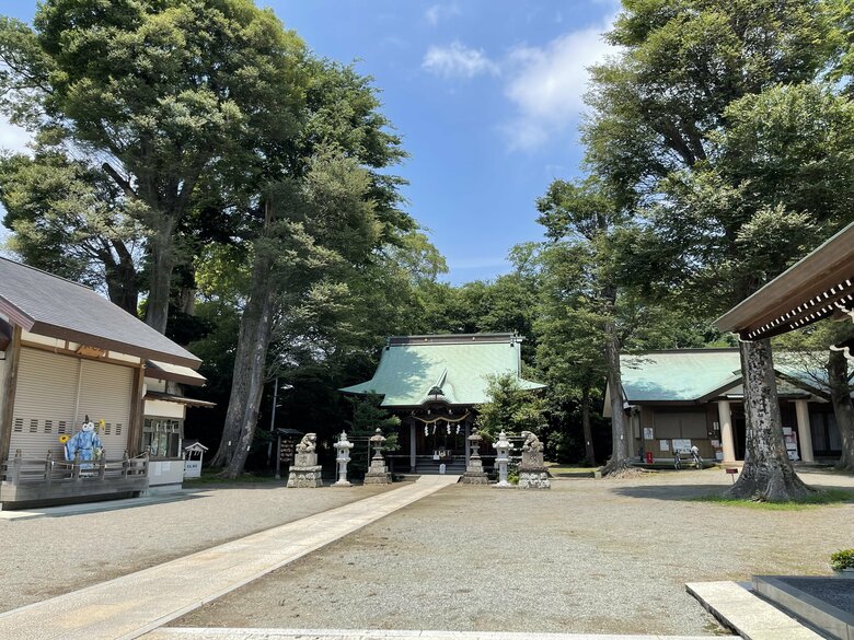 神社本殿 パンダ宮司のパネルも見える(出典:有鹿神社)