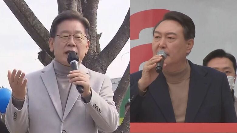 遊説に臨む李氏（左）と尹氏（右）　