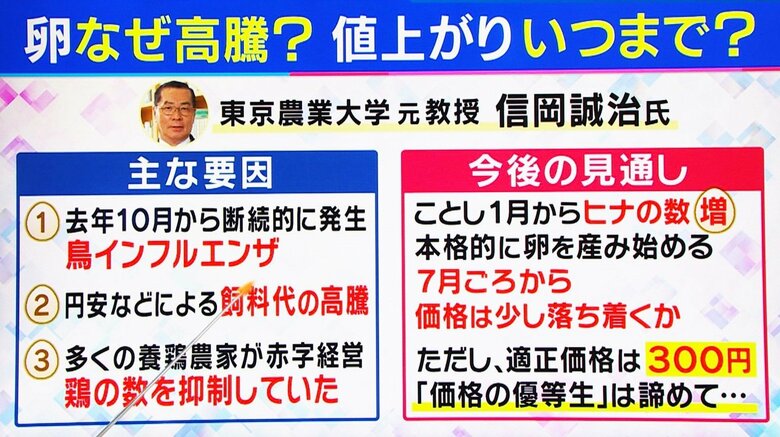 鳥インフルエンザ、飼料高騰、養鶏農家が赤字経営などが値上がりの要因