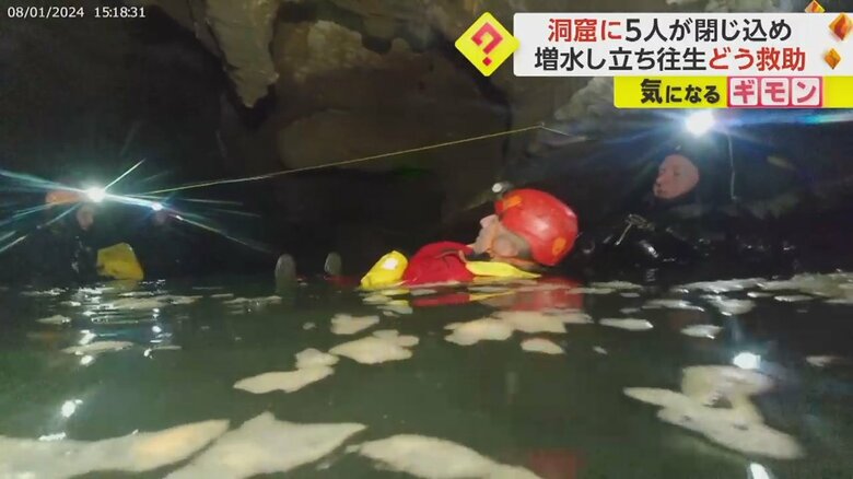 あお向けになり、引っ張って救助を行う様子