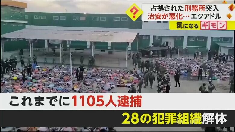 刑務所の中庭に集められた受刑者と治安部隊