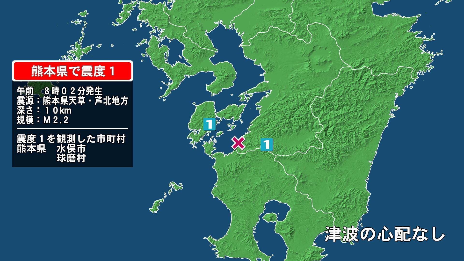 熊本県で最大震度1の地震　熊本県・球磨村、水俣市