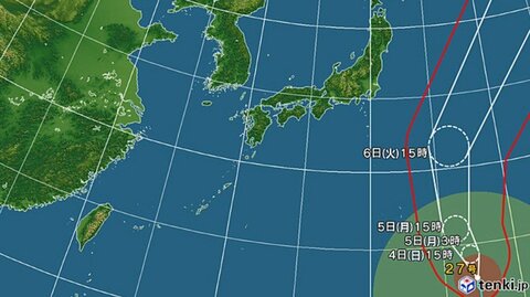 【台風情報】大型で非常に強い台風27号の進路予想　5日には発達のピークを迎え、中心気圧は925hPaまで下がる予想　5日夕方から6日はじめにかけて小笠原諸島に接近する恐れ　東日本と北日本の太平洋側は高波に注意