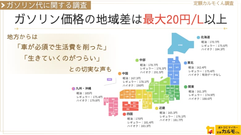 【ガソリン代に関する調査】ガソリン価格の地域差は最大20円/L以上