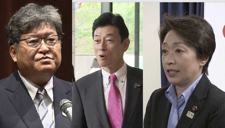 左から萩生田光一文科相(9月12日) 西村康稔経済再生相(9月12日) 橋本聖子五輪担当相(9月12日)