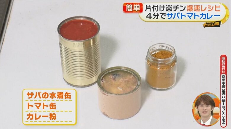 サバの水煮缶、トマト缶、カレー粉