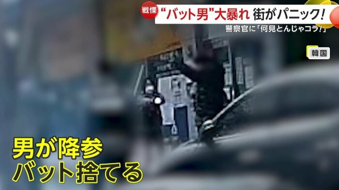 バットを捨て両手をあげて降参する男(提供:京畿北部警察庁)