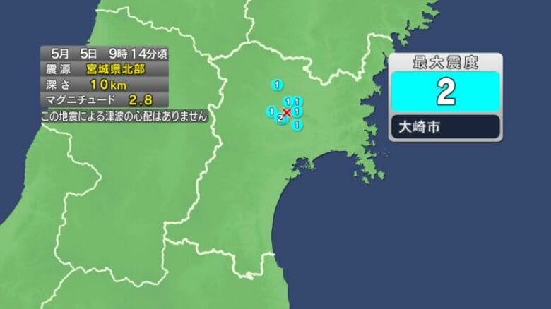 【速報】宮城・大崎市で震度2　震源は宮城県北部　津波の心配なし｜FNNプライムオンライン