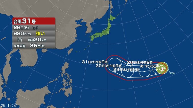 【台風情報】台風31号の今後の進路予想は　31日には「非常に強い」勢力で小笠原近海に進む見通し　中心気圧は950hPa、最大瞬間風速は65m/sの予想｜FNNプライムオンライン