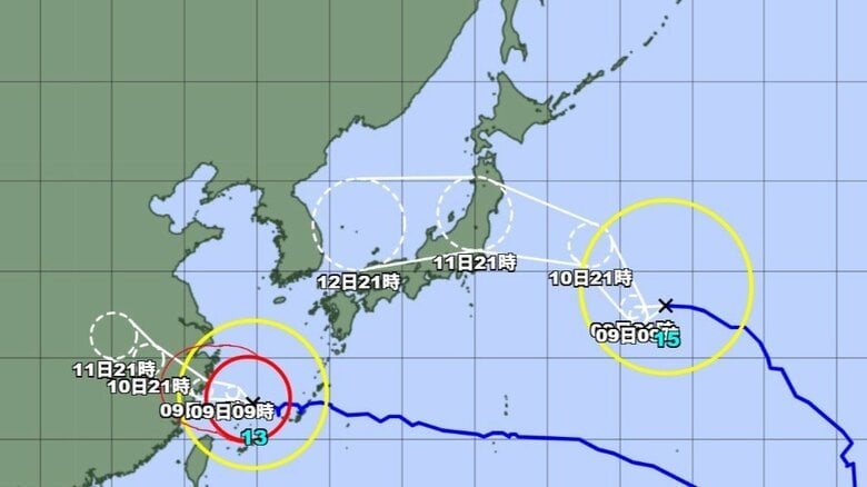 【台風情報】ダブル台風の今後の進路予想は　台風15号は11日（火）午後9時には東北地方に達する予報　台風13号は9日午前9時には東シナ海に達する予報｜FNNプライムオンライン