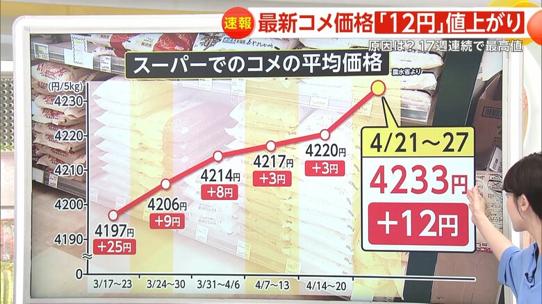 3/17から4/20にかけてのスーパーでのコメの平均価格の推移