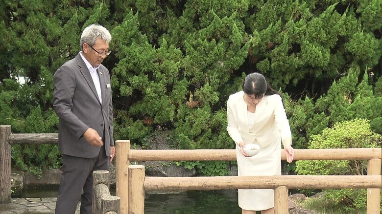 ニシキゴイの餌やりをされる愛子さま